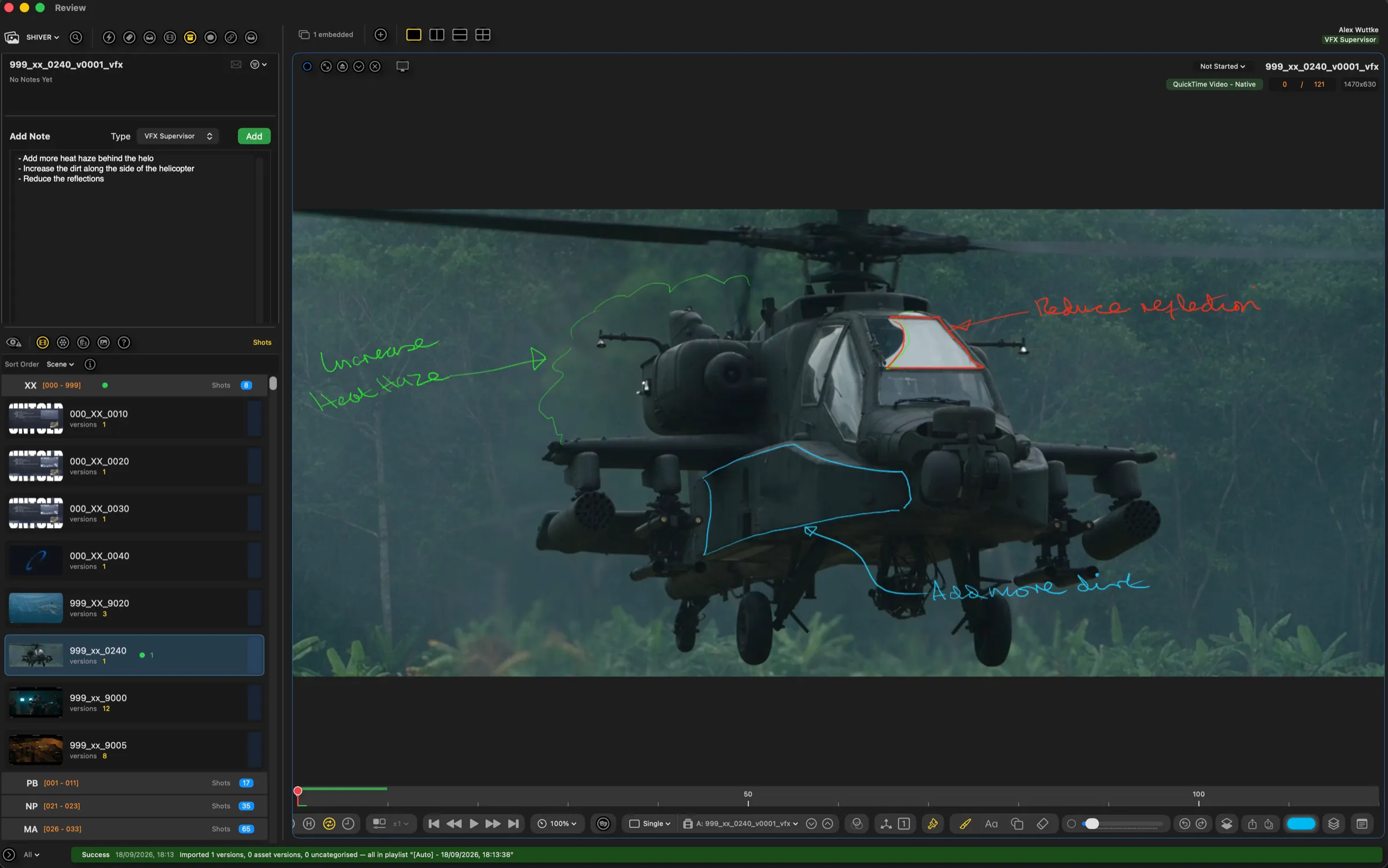 Shotcount session view: a 4K EXR shot with annotations, playlist and colour controls